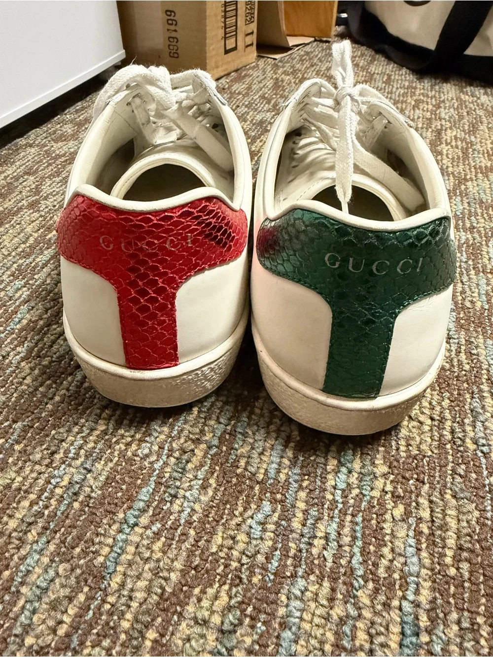 Gucci White Leather Sneakers with Red & Green Web and Gold Bee